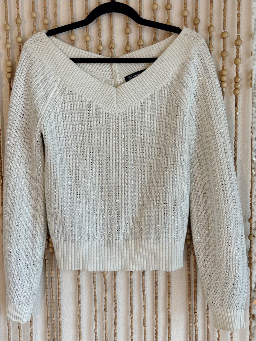 INC Y2K Sparkly Embellished Long Sleeve White Knit V Neck Wine Mom Glam Sweater
